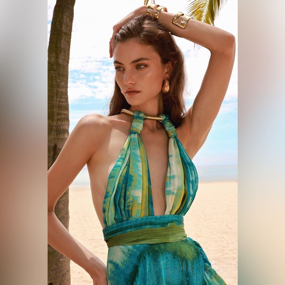 Bronx Banco Palma Coastal Gown Teal & Lime Halter High-Low Ruffle Maxi Dress - Picture 4 of 16